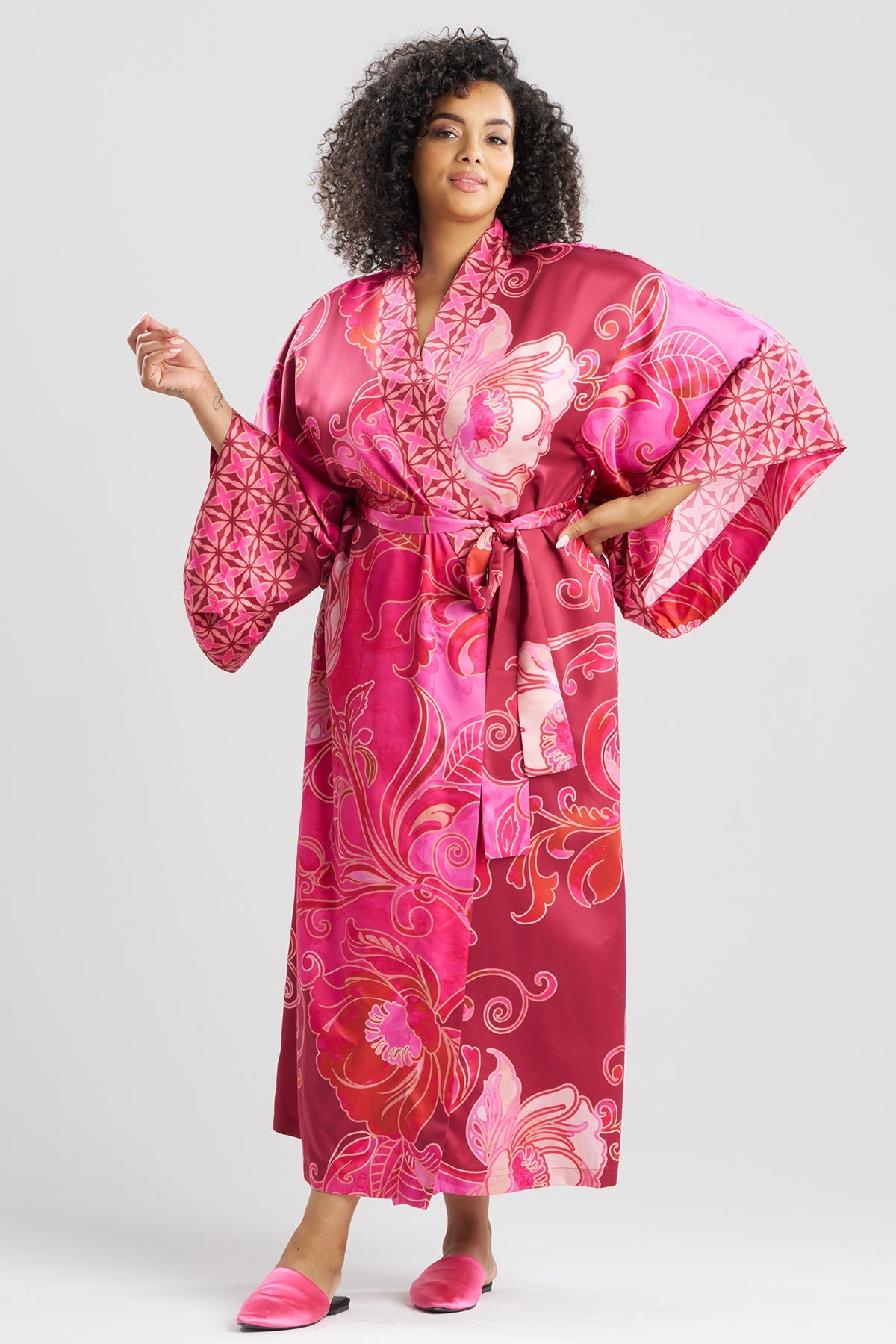 Deco Printed Charmeuse Kimono Robe Red