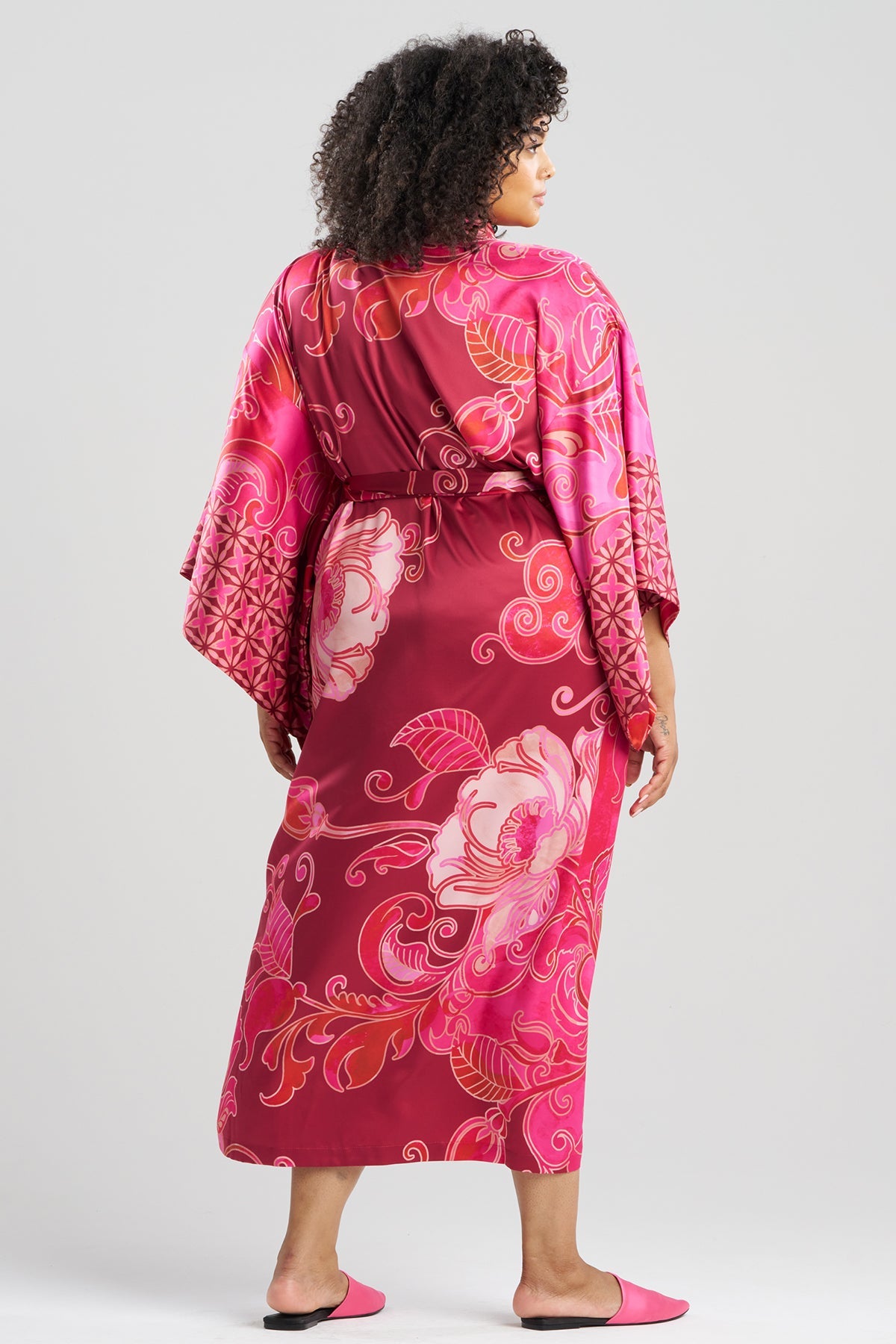 Deco Printed Charmeuse Kimono Robe Red