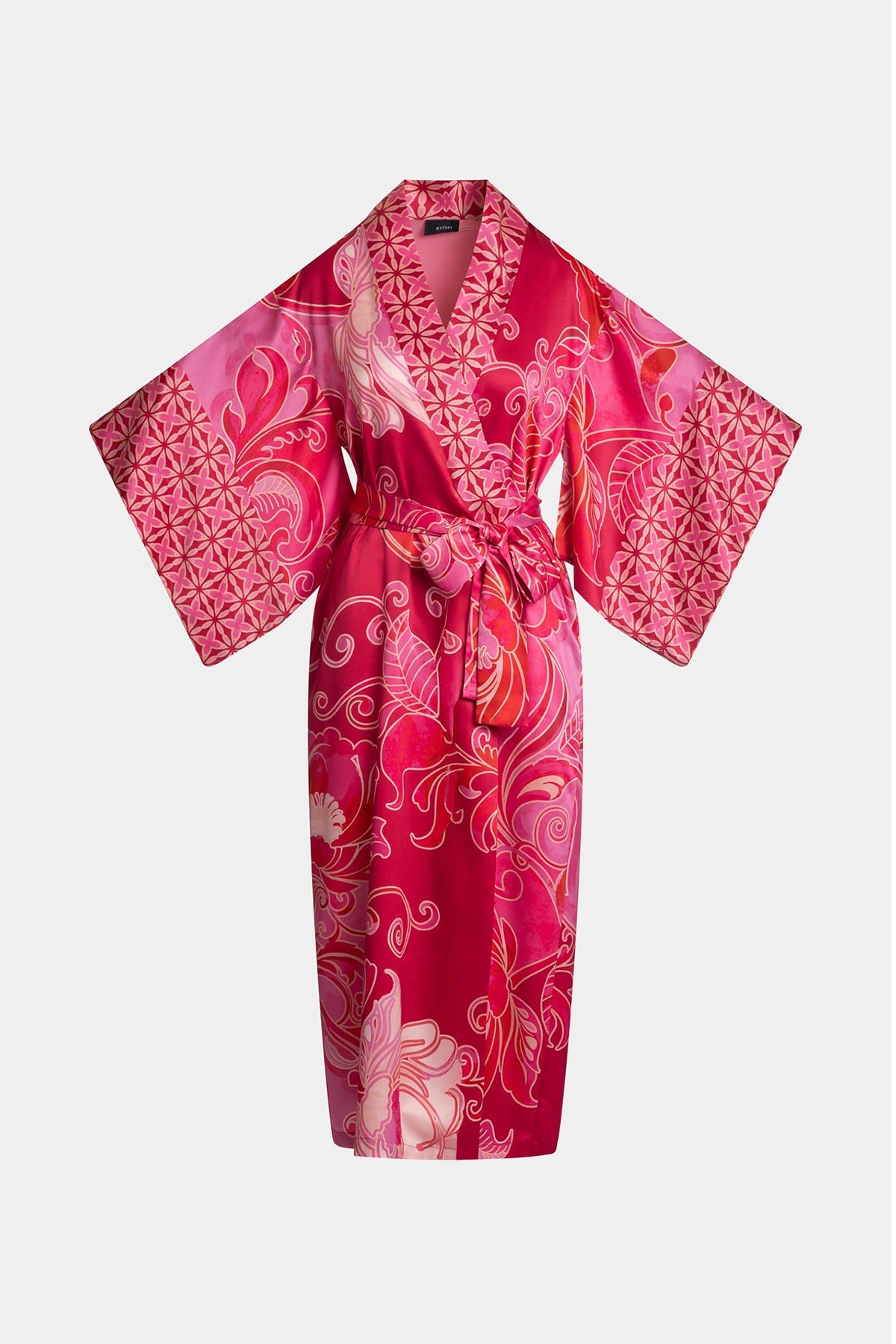 Deco Printed Charmeuse Kimono Robe Red