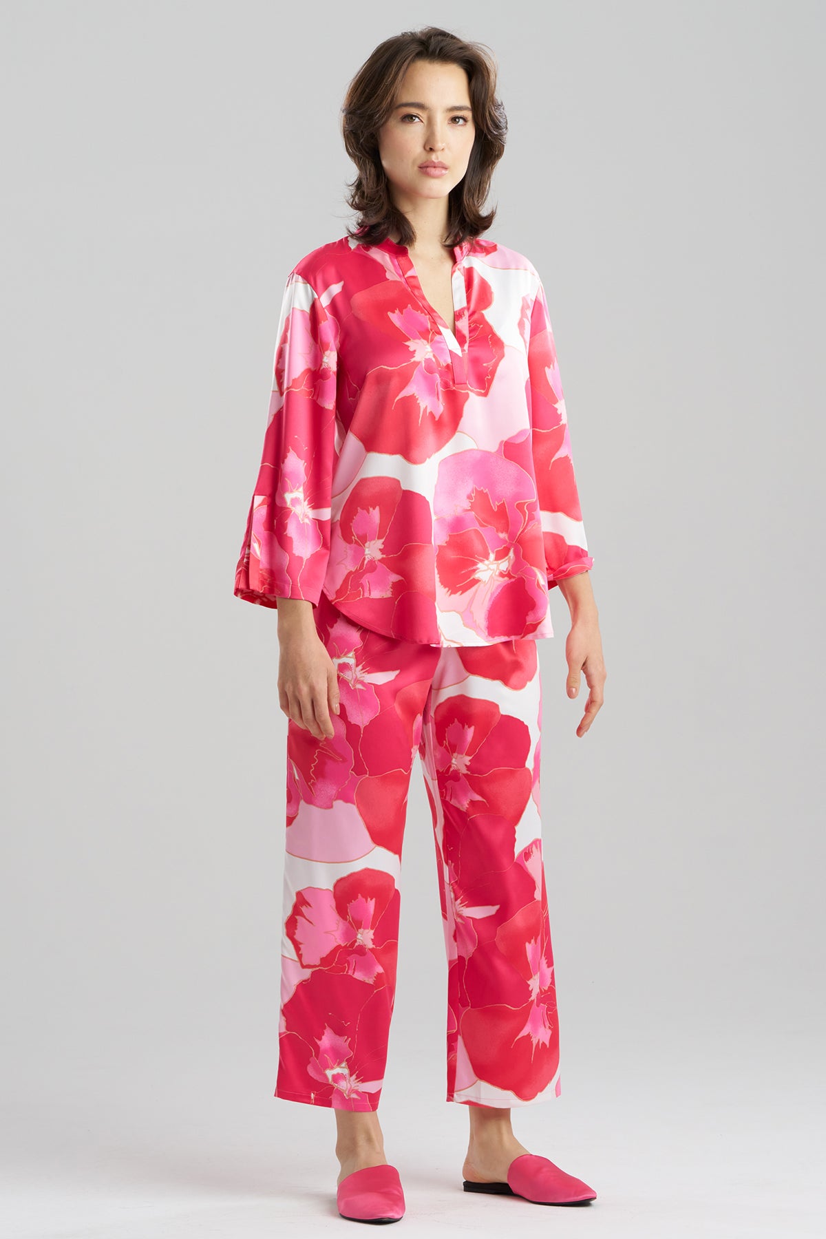 Floria Printed Satin Mandarin PJ Set Pink