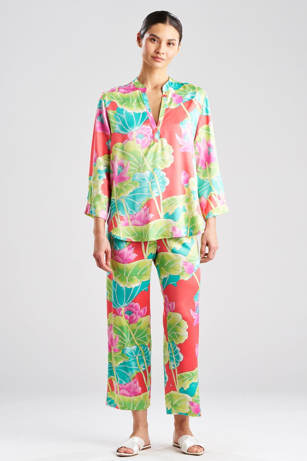Ascendant Lotus Printed Satin Mandarin PJ Set Pink Multi