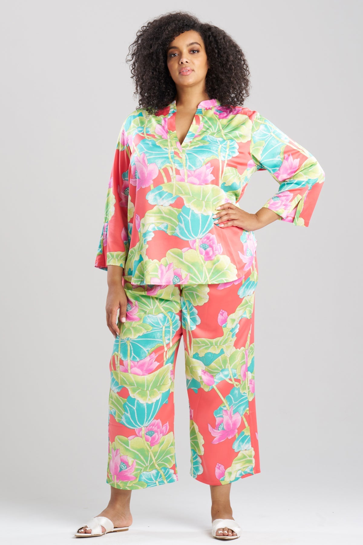 Ascendant Lotus Printed Satin Mandarin PJ Set Pink Multi