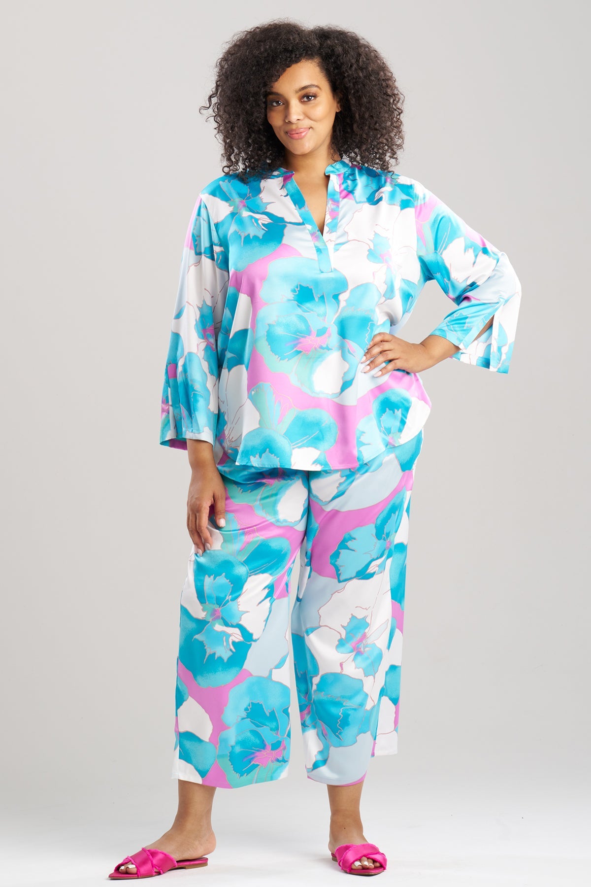 Floria Printed Satin Mandarin PJ Set Blue