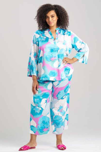 Floria Printed Satin Mandarin PJ Set Blue