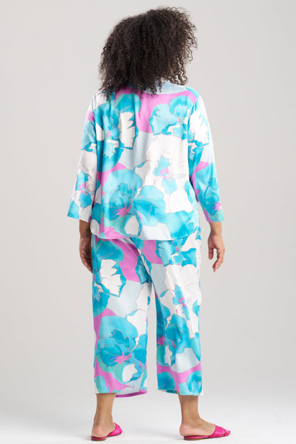 Floria Printed Satin Mandarin PJ Set Blue