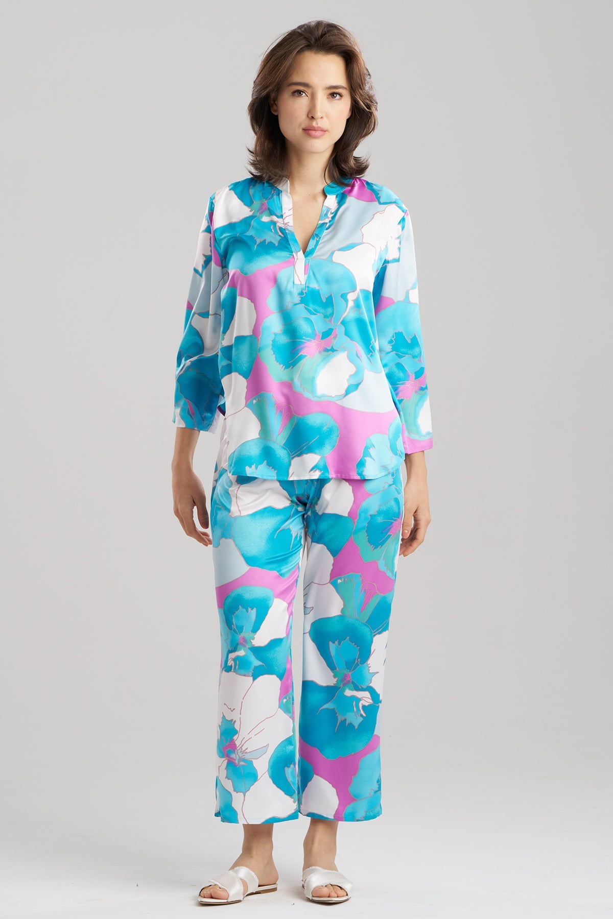 Floria Printed Satin Mandarin PJ Set Blue