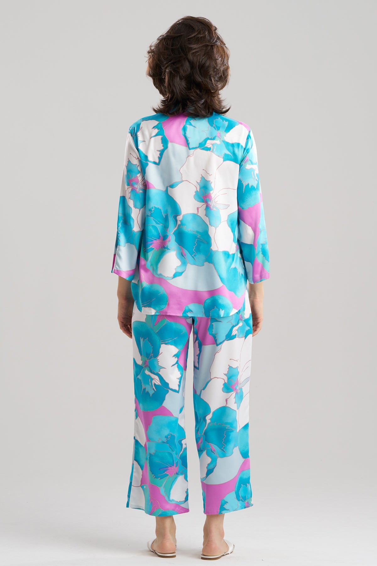 Floria Printed Satin Mandarin PJ Set Blue