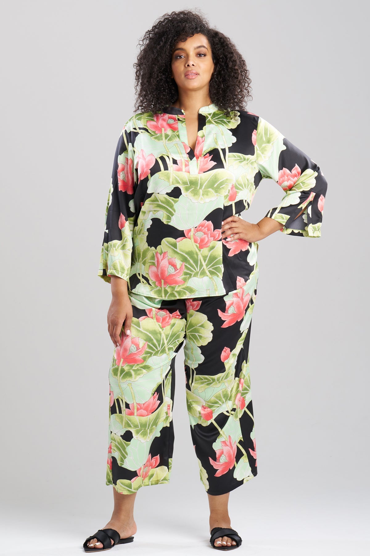 Ascendant Lotus Printed Satin Mandarin PJ Set Black