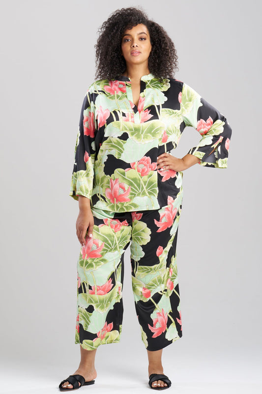 Ascendant Lotus Printed Satin Mandarin PJ Set Black
