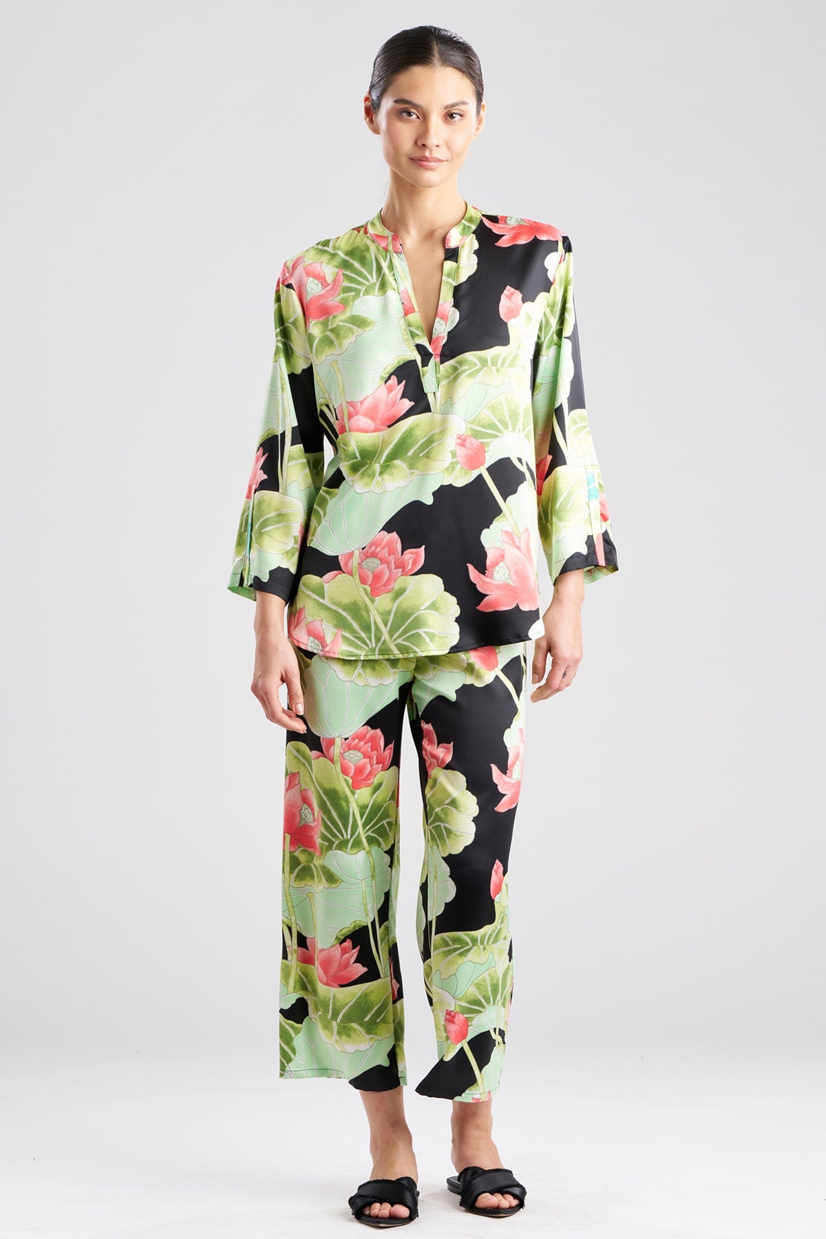 Ascendant Lotus Printed Satin Mandarin PJ Set Black
