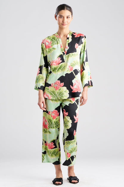 Ascendant Lotus Printed Satin Mandarin PJ Set Black
