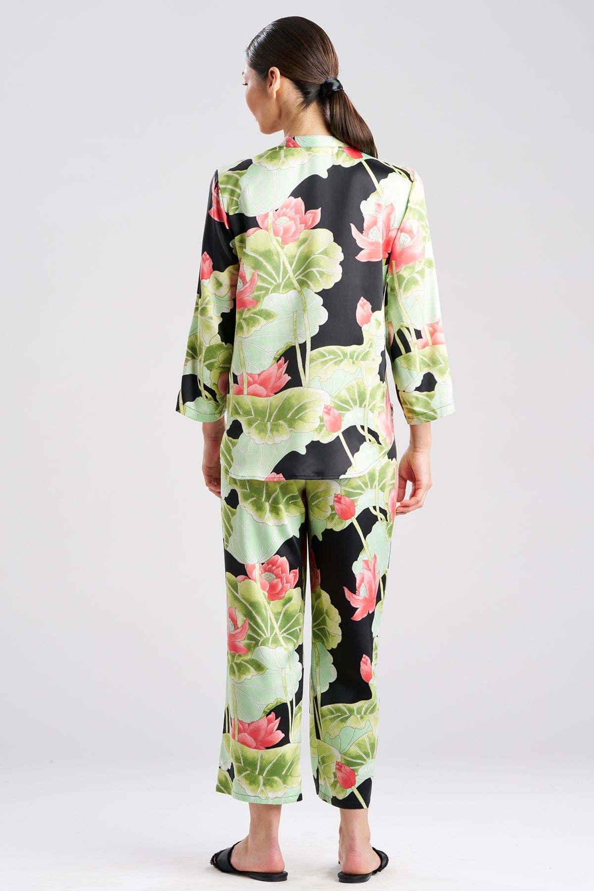 Ascendant Lotus Printed Satin Mandarin PJ Set Black