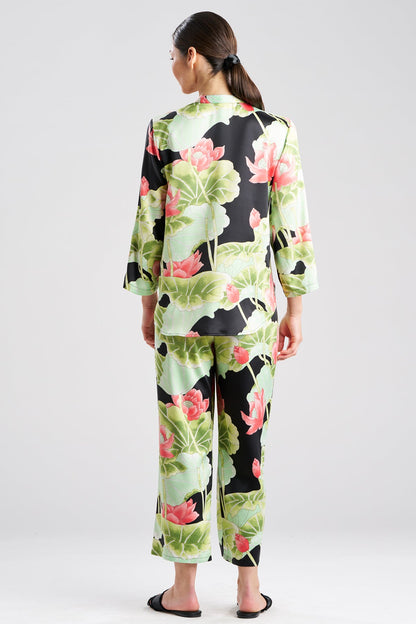 Ascendant Lotus Printed Satin Mandarin PJ Set Black
