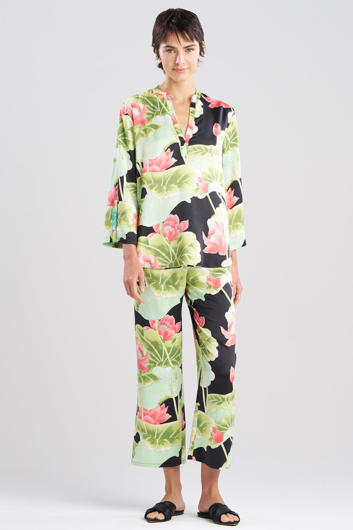 Ascendant Lotus Printed Satin Mandarin PJ Set Black