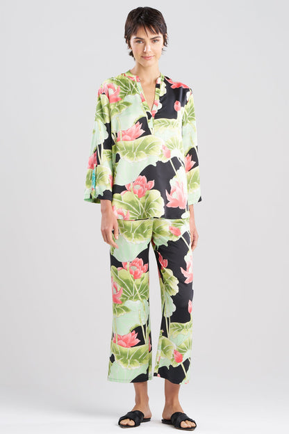 Ascendant Lotus Printed Satin Mandarin PJ Set Black