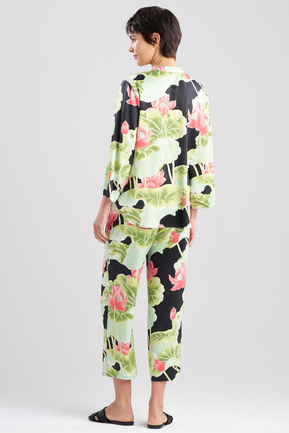 Ascendant Lotus Printed Satin Mandarin PJ Set Black
