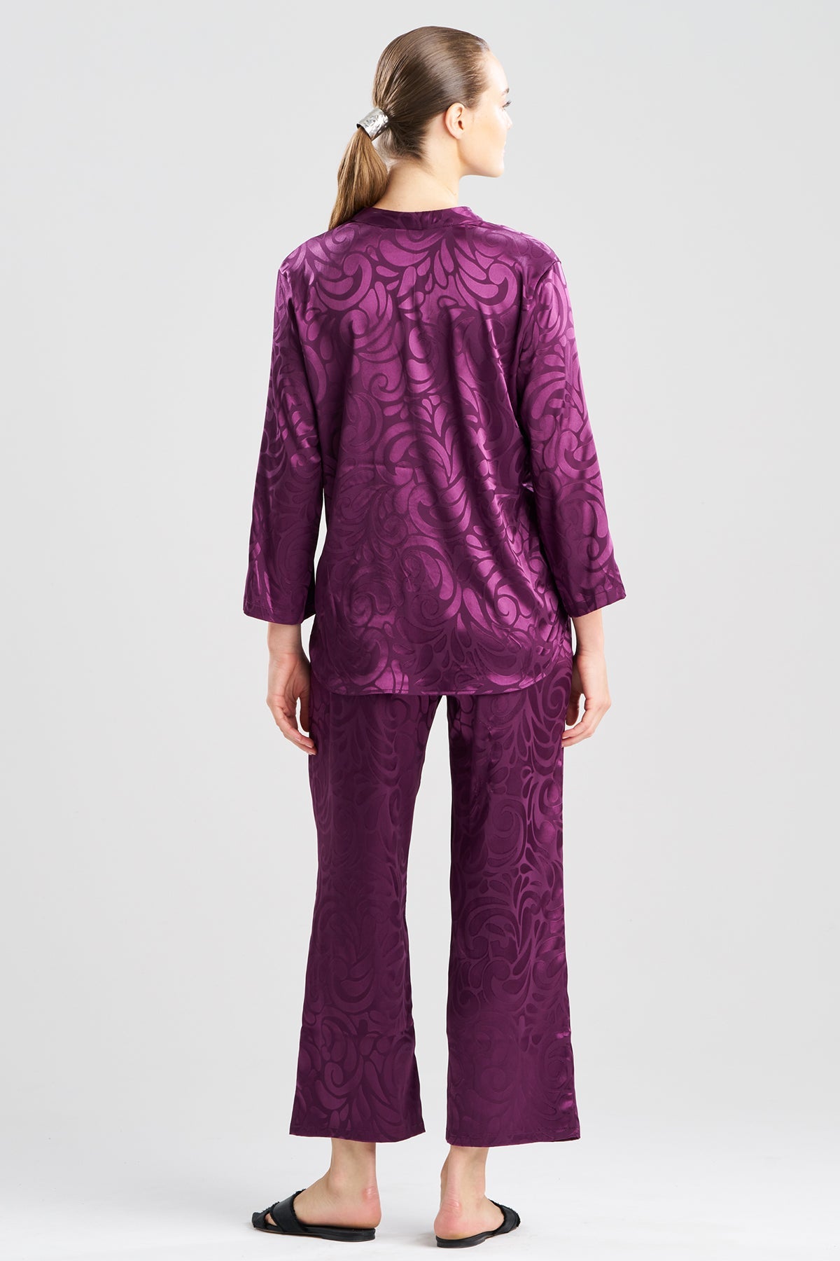 Scroll Satin Jacquard Long Sleeve PJ Deep Plum