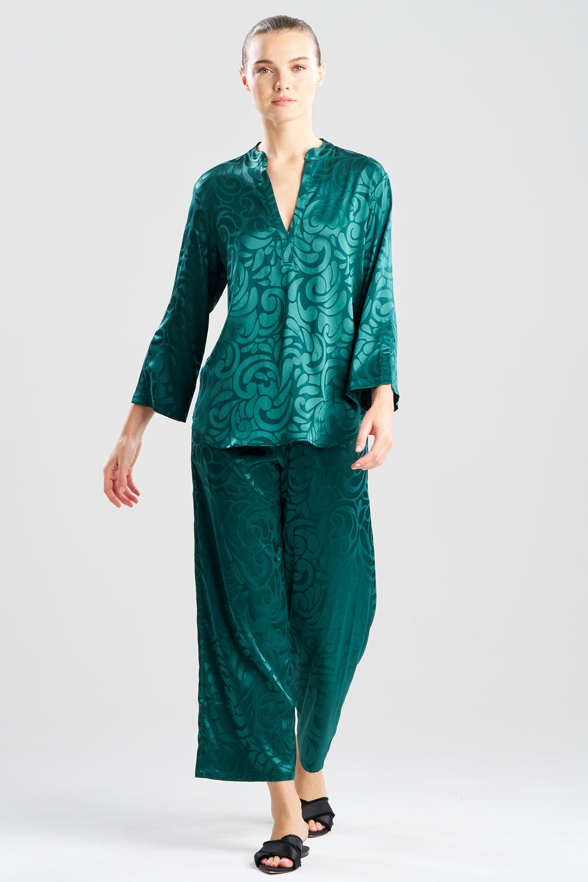 Scroll Satin Jacquard Long Sleeve PJ Cypress Green