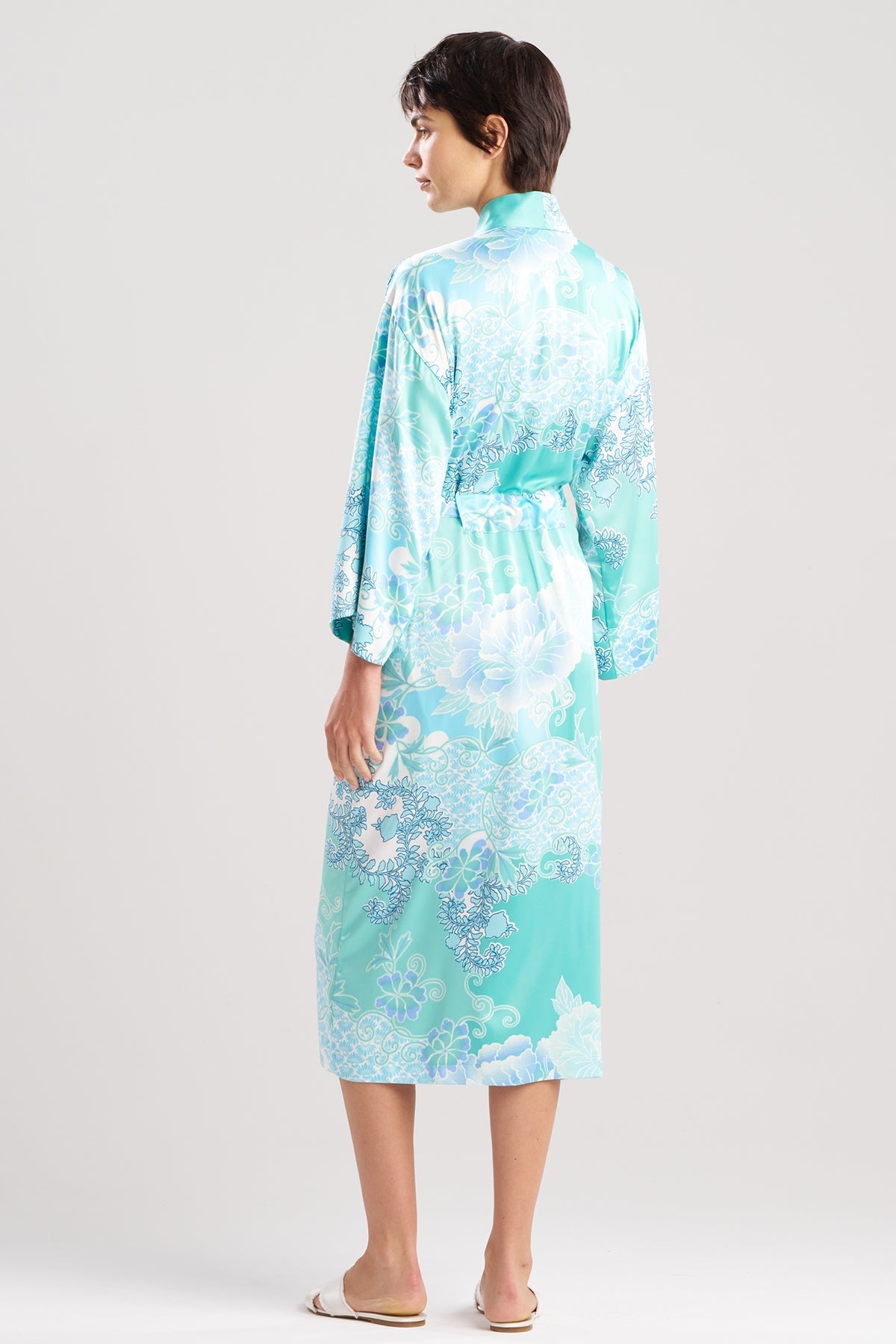Flourish Printed Satin Robe Aqua Blue