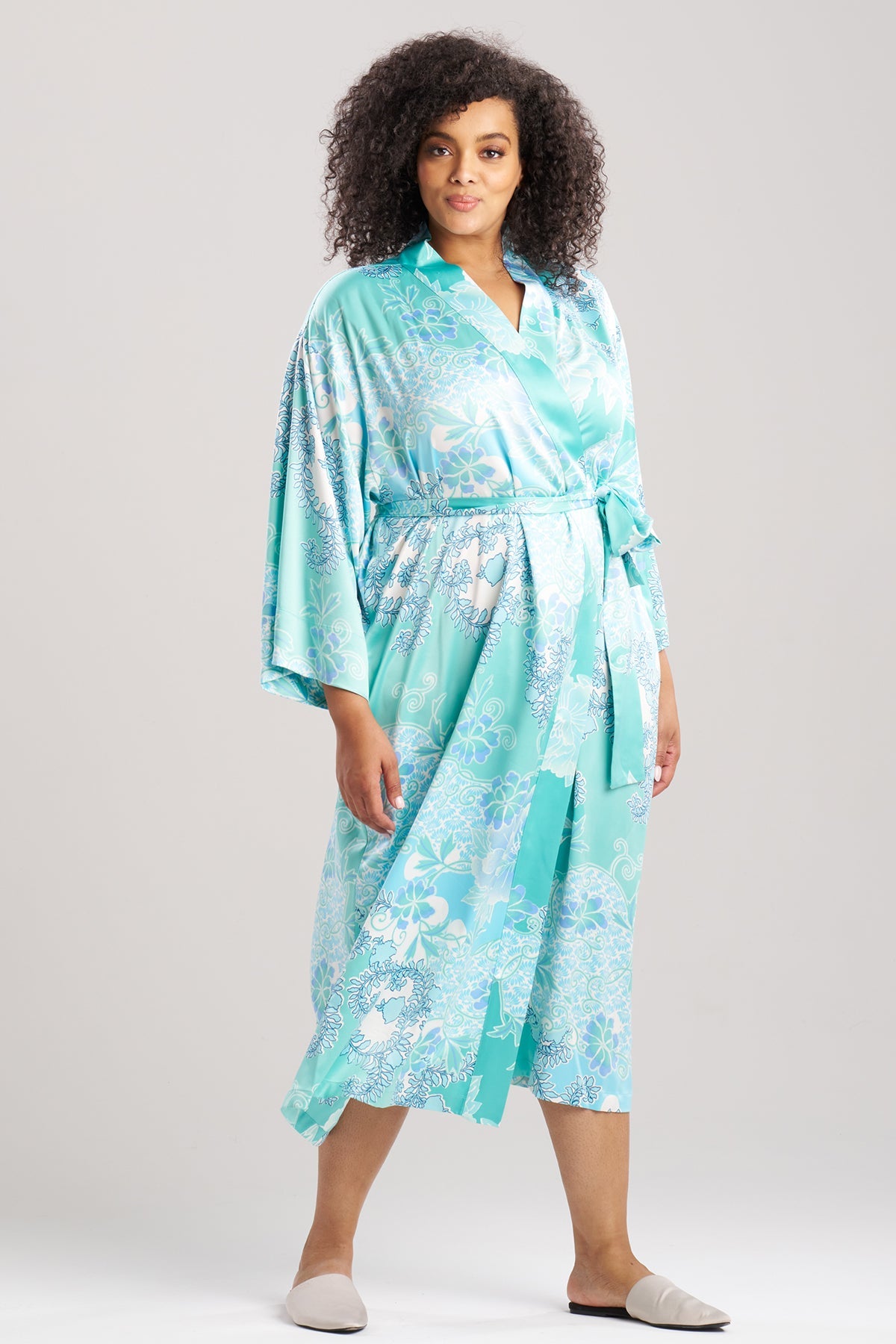 Flourish Printed Satin Robe Aqua Blue