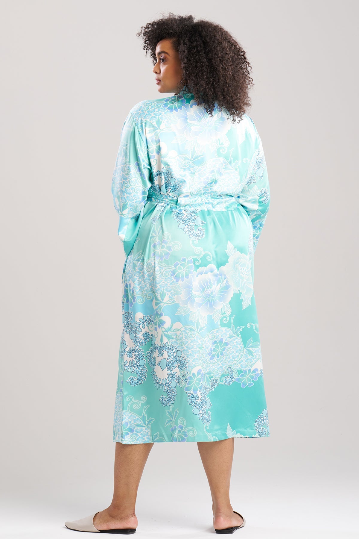 Flourish Printed Satin Robe Aqua Blue