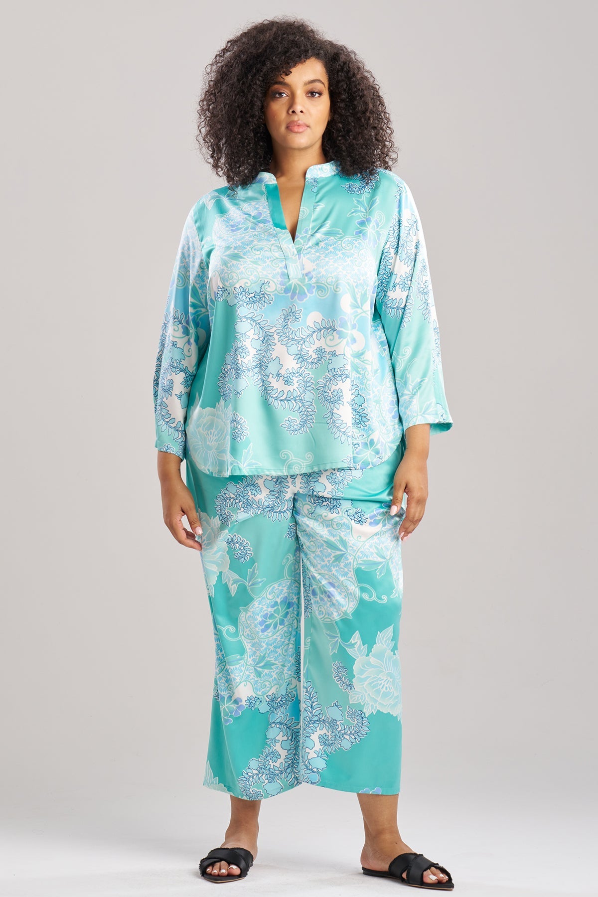 Flourish Printed Satin Mandarin PJ Aqua Blue