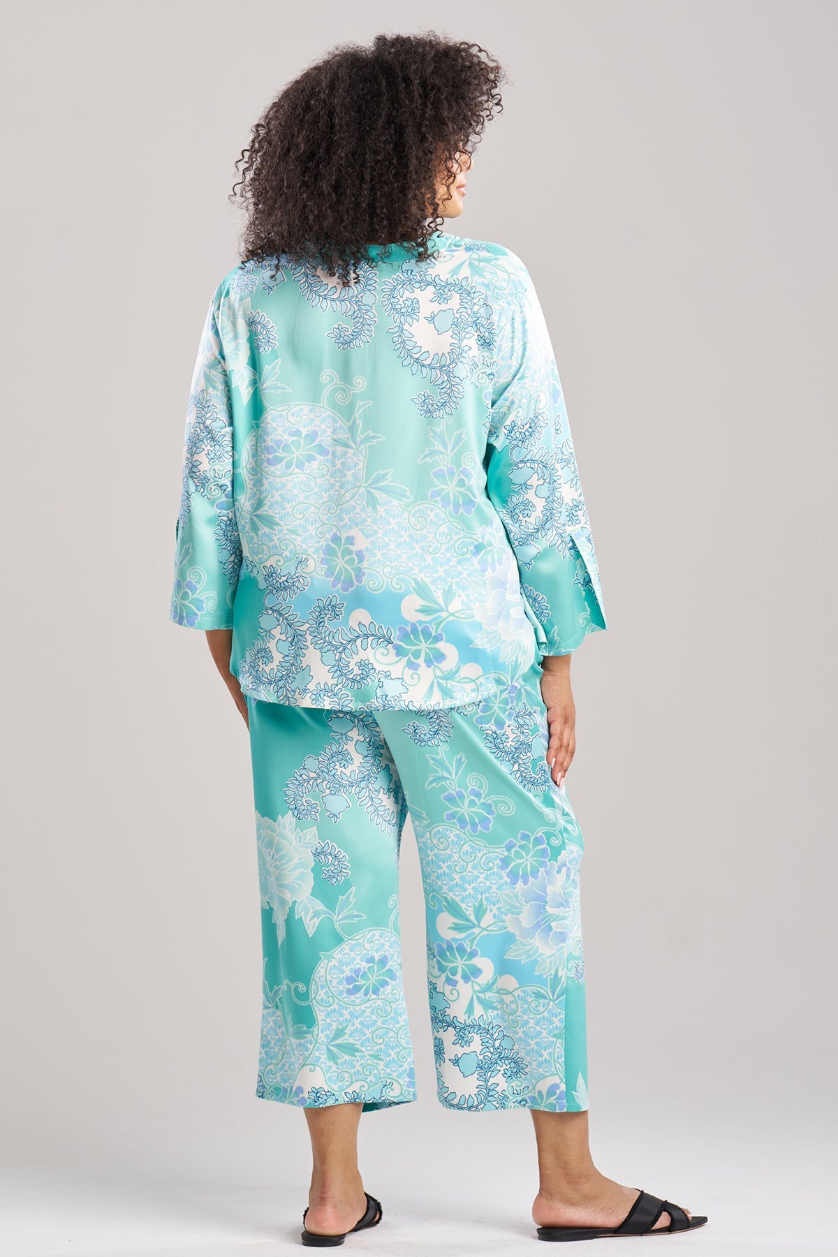 Flourish Printed Satin Mandarin PJ Aqua Blue