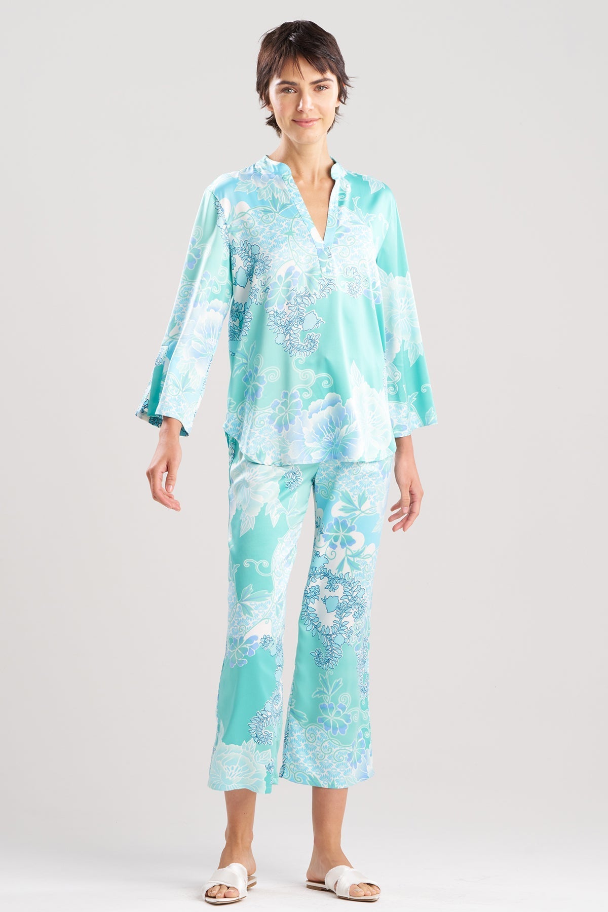 Flourish Printed Satin Mandarin PJ Aqua Blue