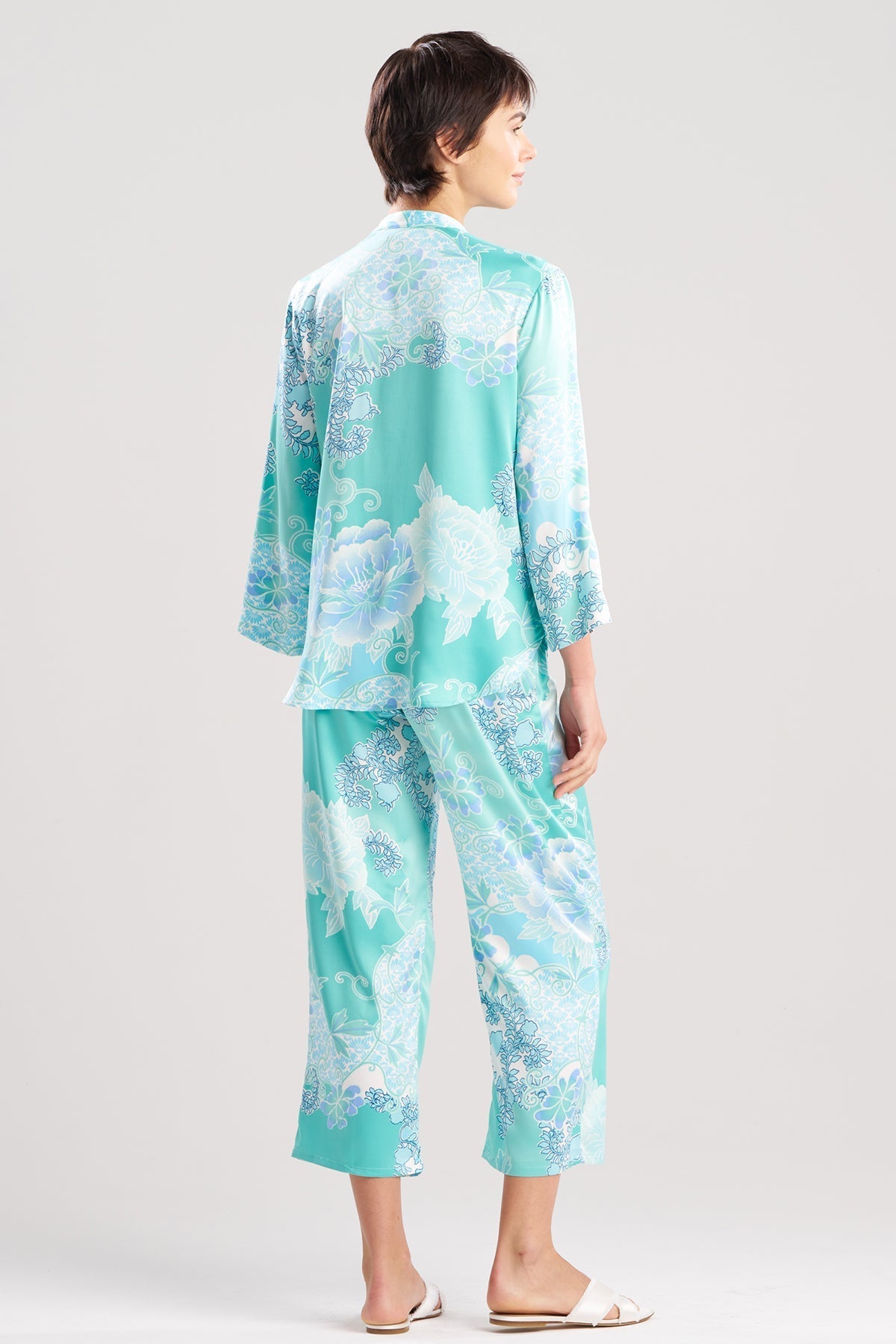Flourish Printed Satin Mandarin PJ Aqua Blue