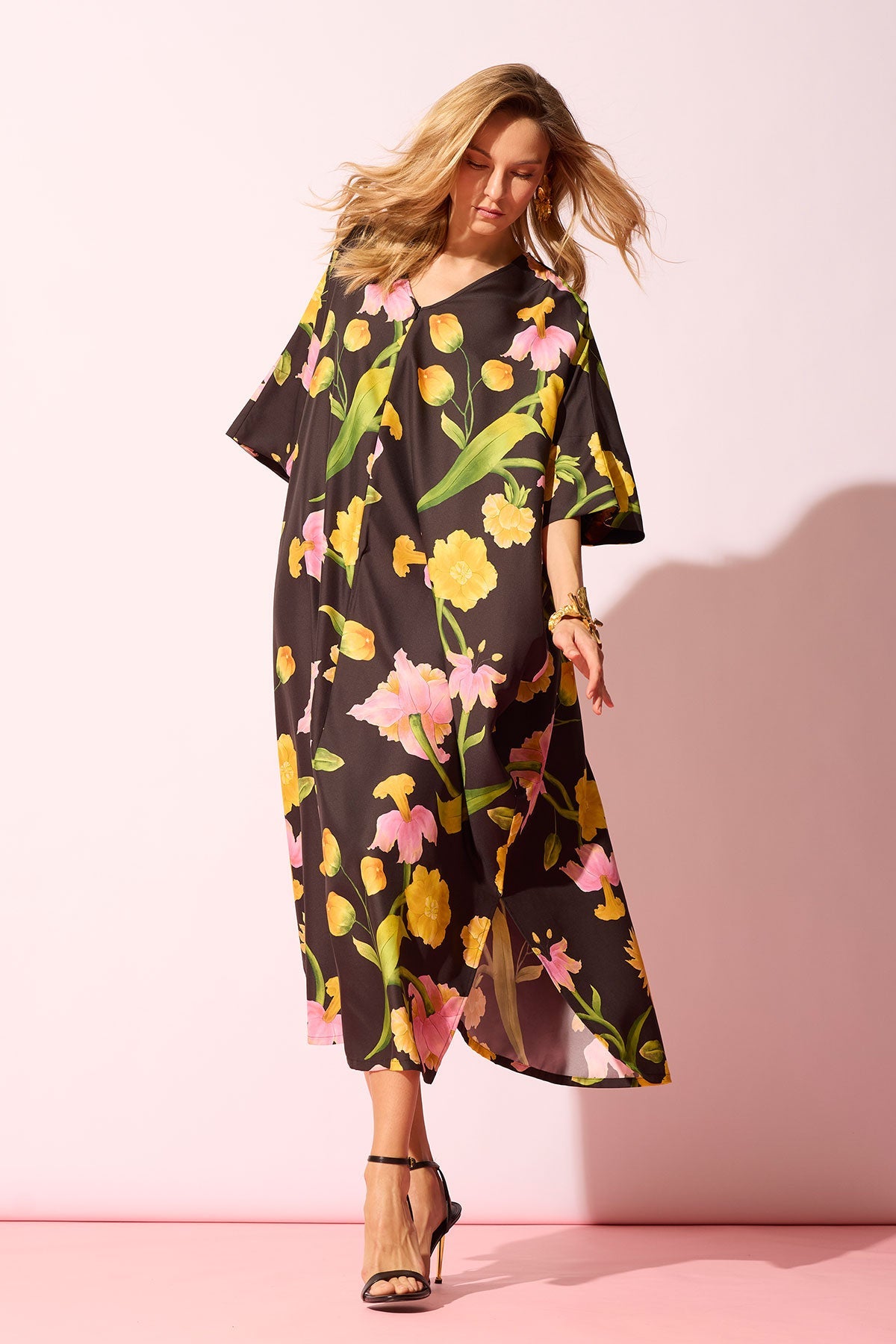 Solene Matte Charmeuse Zip Caftan Black Multi
