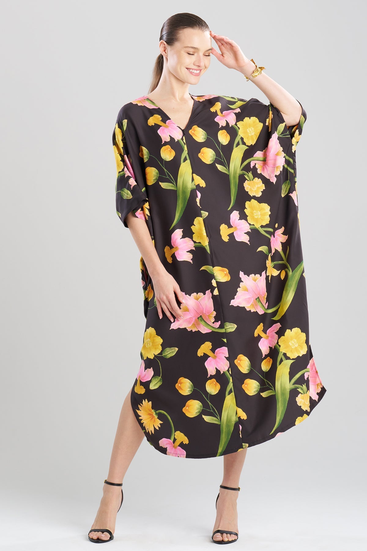 Solene Matte Charmeuse Zip Caftan Black Multi