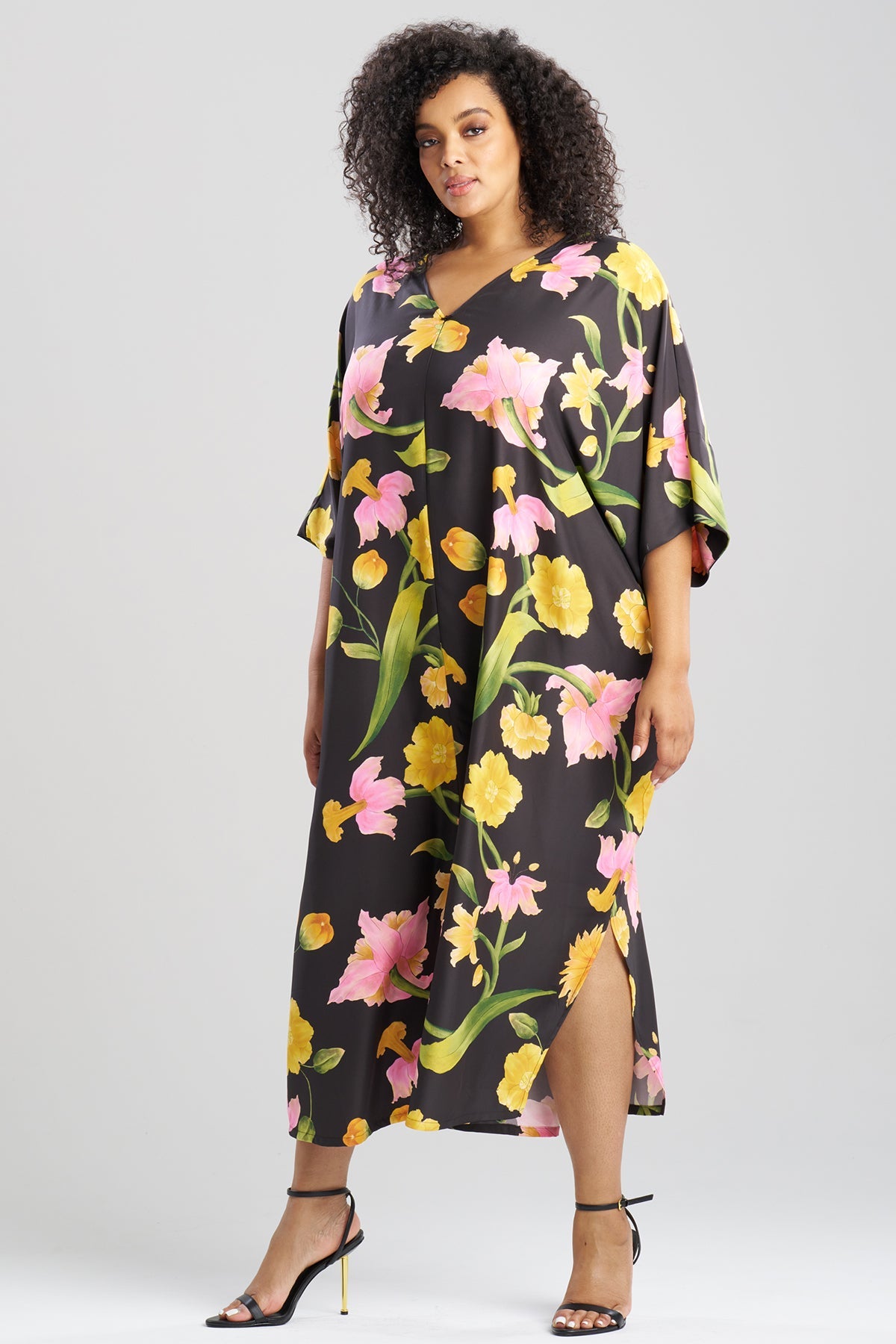 Solene Matte Charmeuse Zip Caftan Black Multi