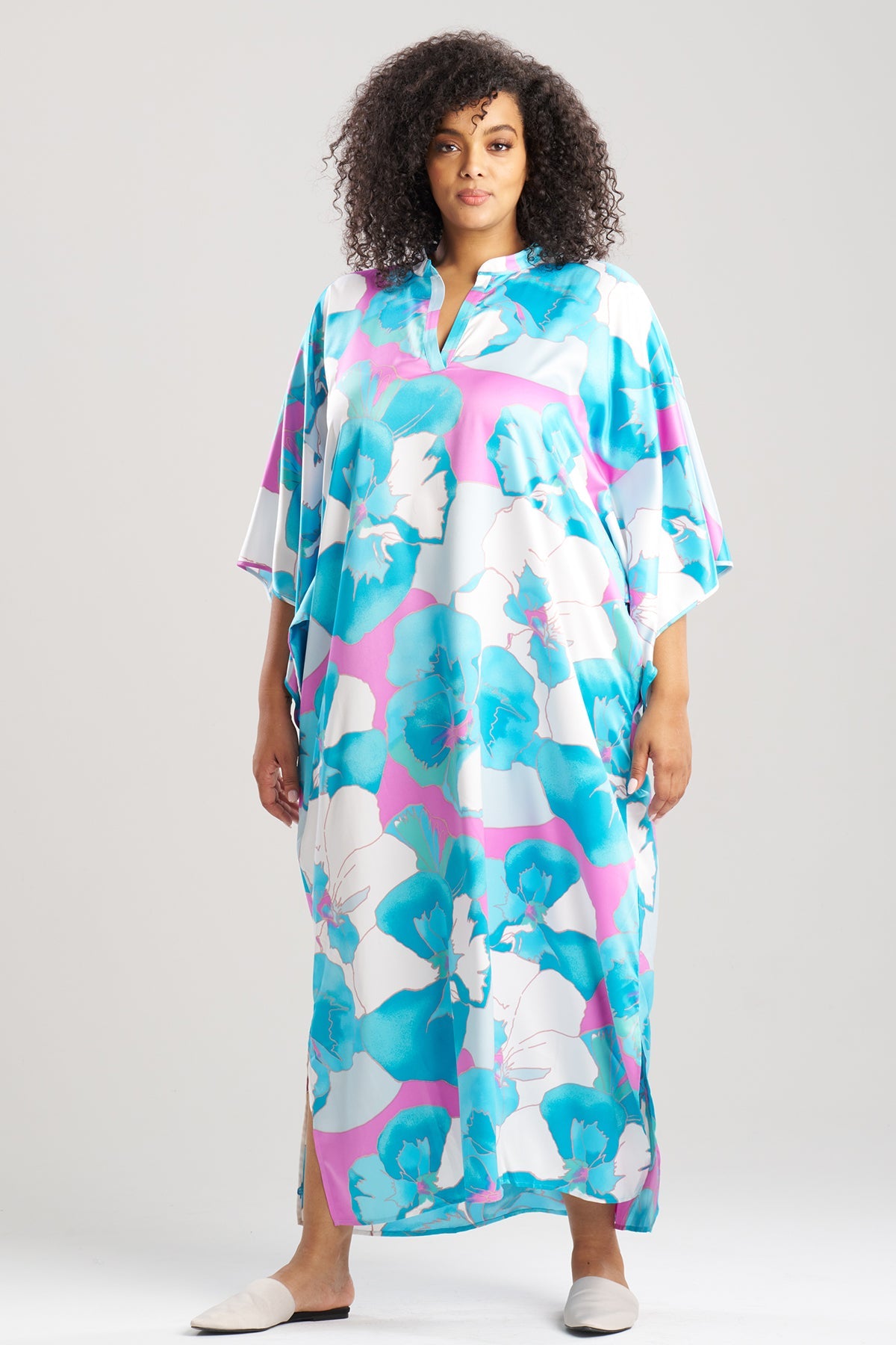 Floria Printed Satin Mandarin Caftan Blue