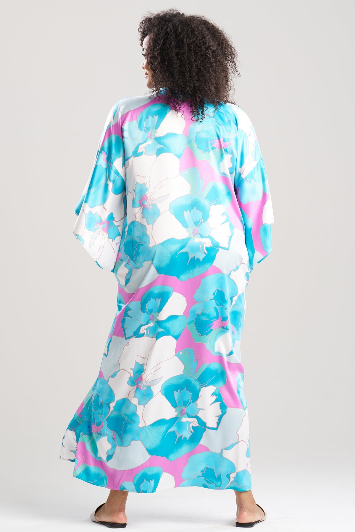 Floria Printed Satin Mandarin Caftan Blue