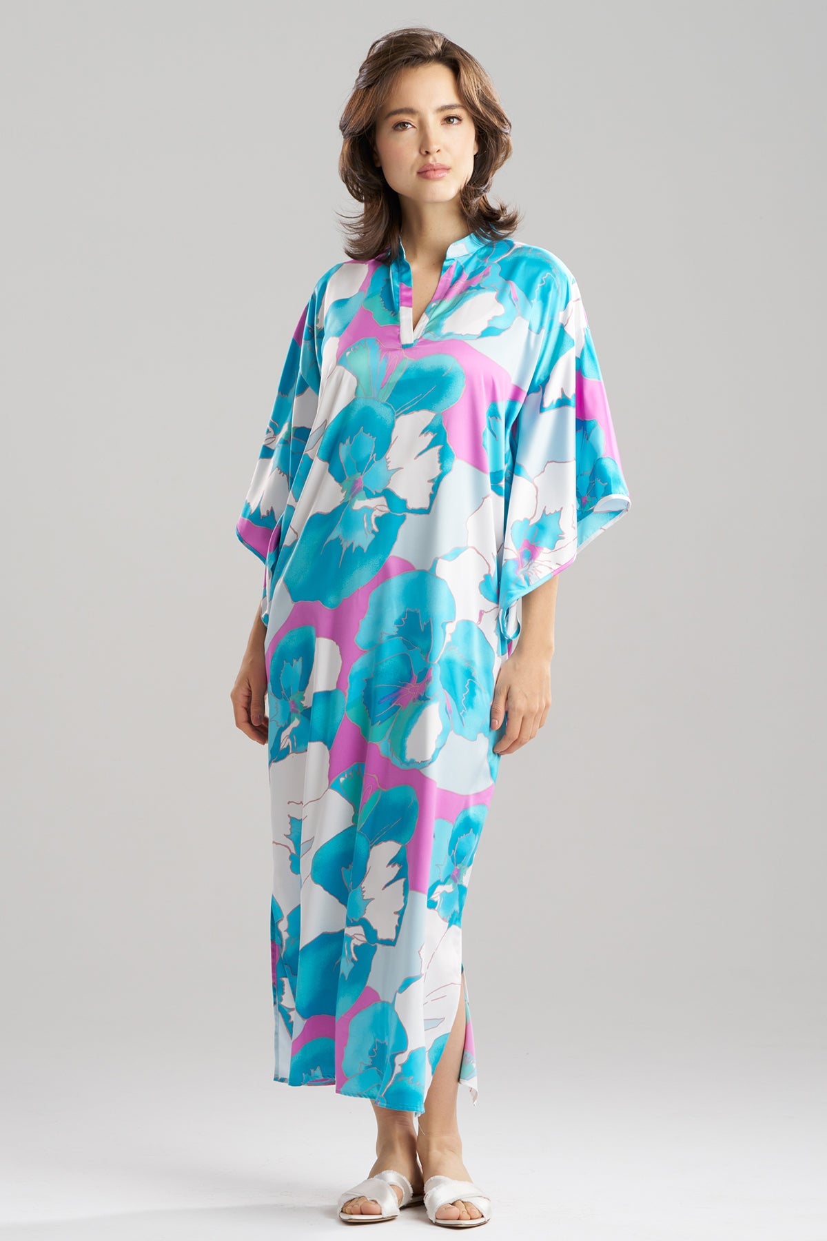 Floria Printed Satin Mandarin Caftan Blue