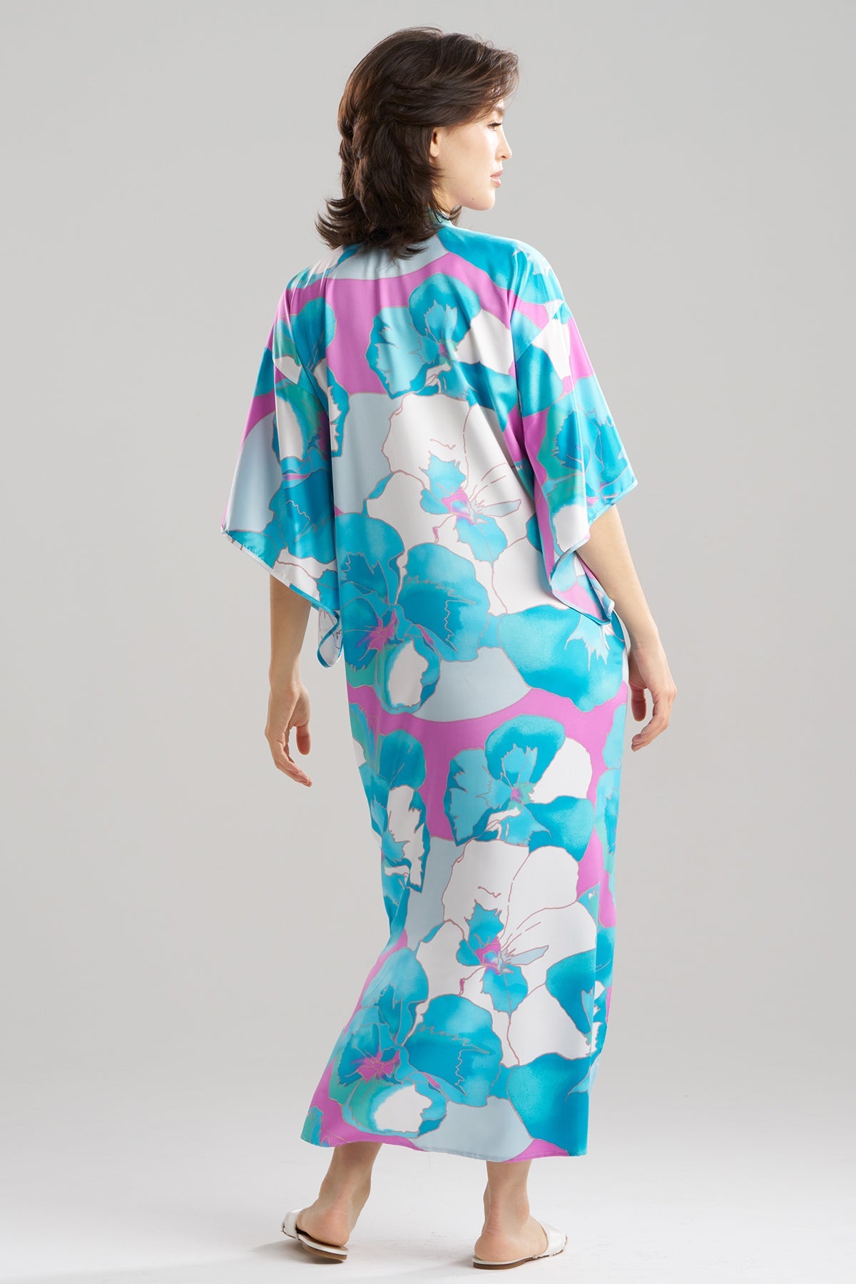 Floria Printed Satin Mandarin Caftan Blue