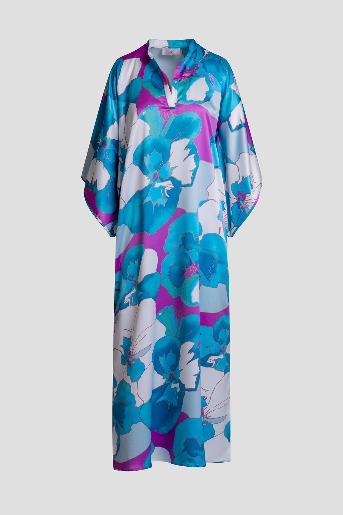 Floria Printed Satin Mandarin Caftan Blue