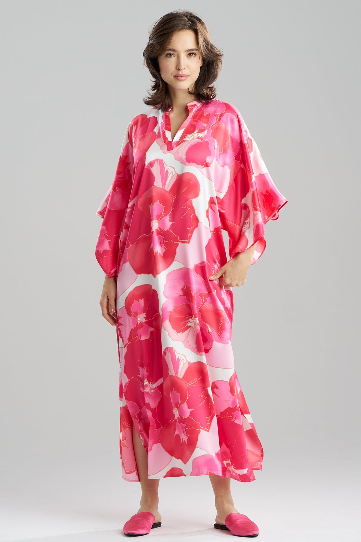 Floria Printed Satin Mandarin Caftan Pink