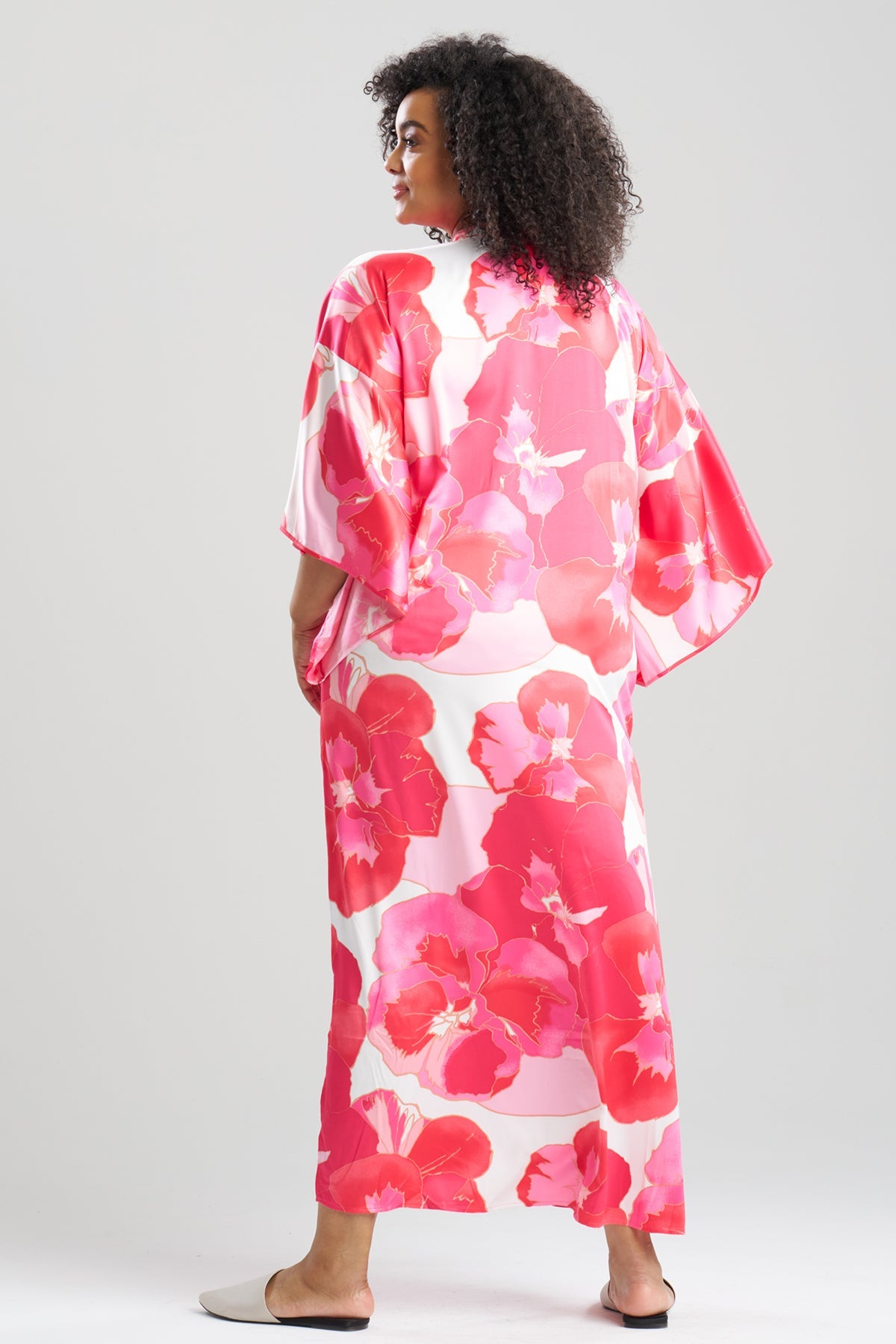 Floria Printed Satin Mandarin Caftan Pink