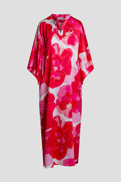 Floria Printed Satin Mandarin Caftan Pink