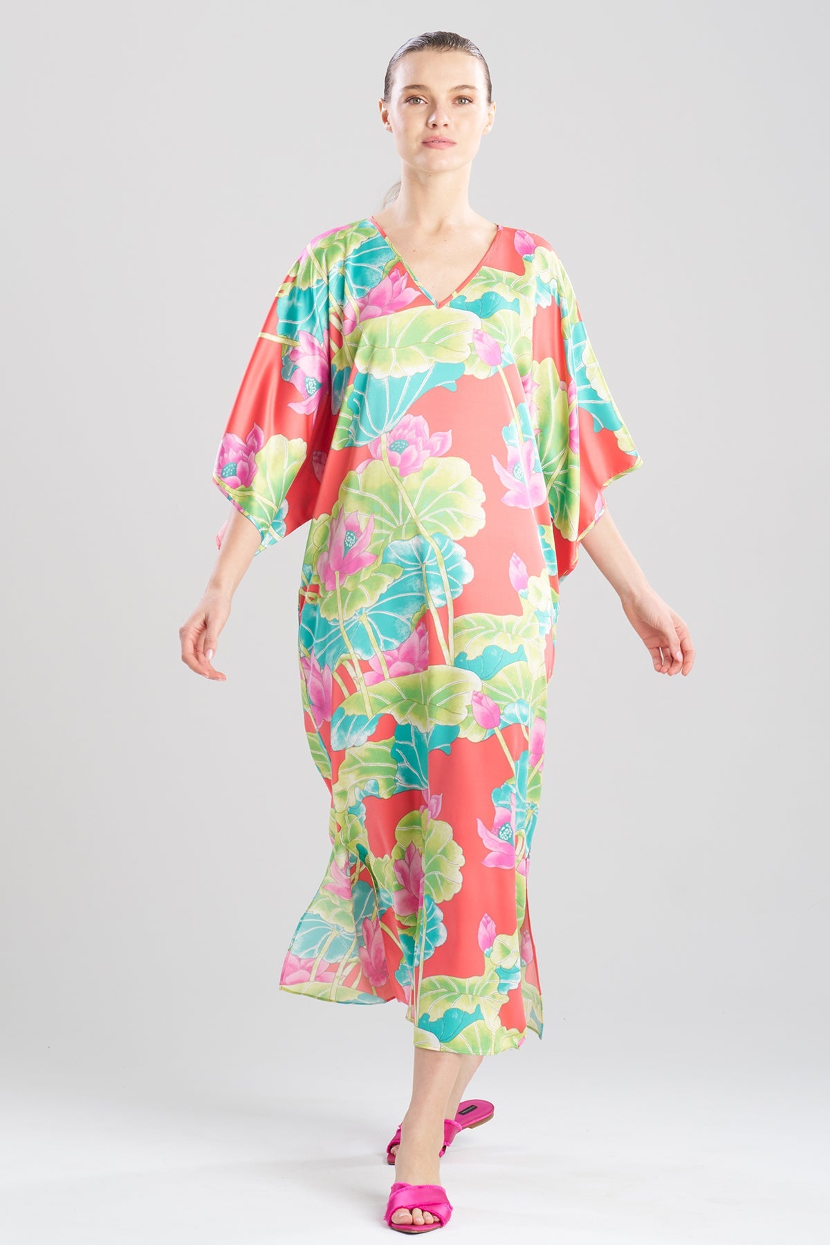 Ascendant Lotus Printed Satin Caftan Pink Multi