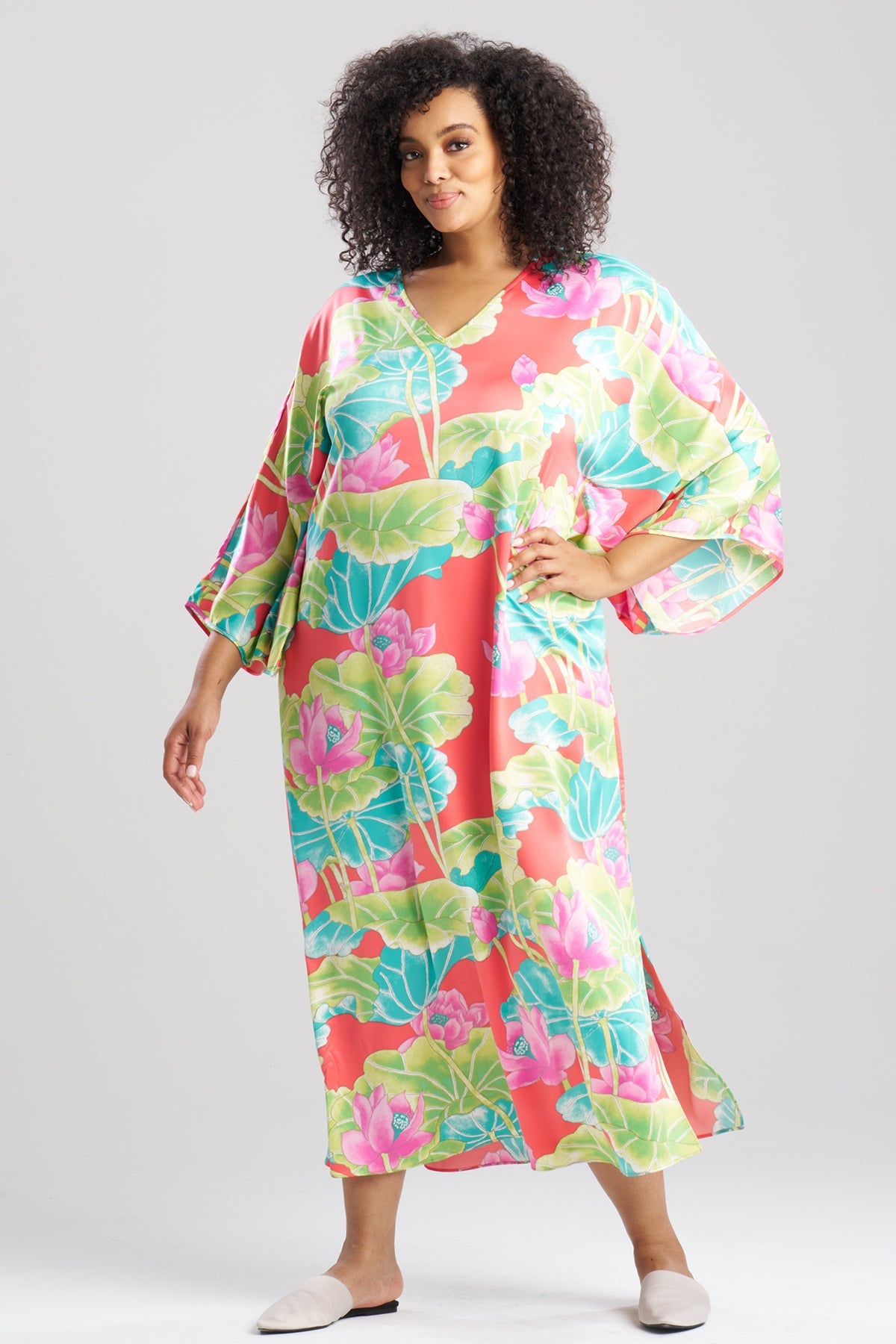 Ascendant Lotus Printed Satin Caftan Pink Multi