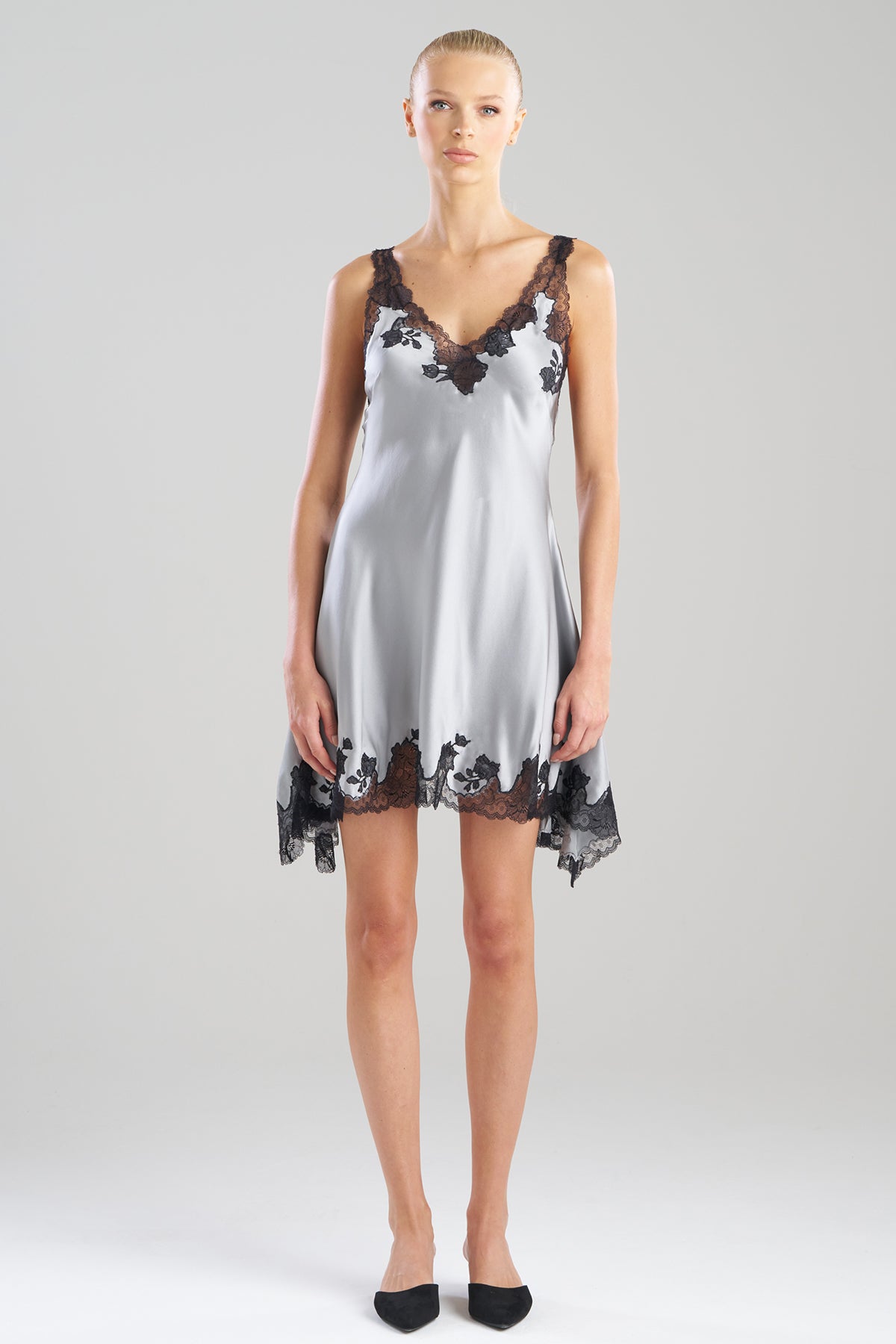 Lolita Lace V-Neck Silk Chemise Silver/Black