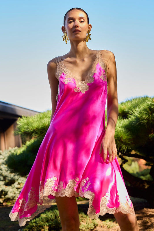Lolita Lace V-Neck Silk Chemise Fiesta Pink/Nude