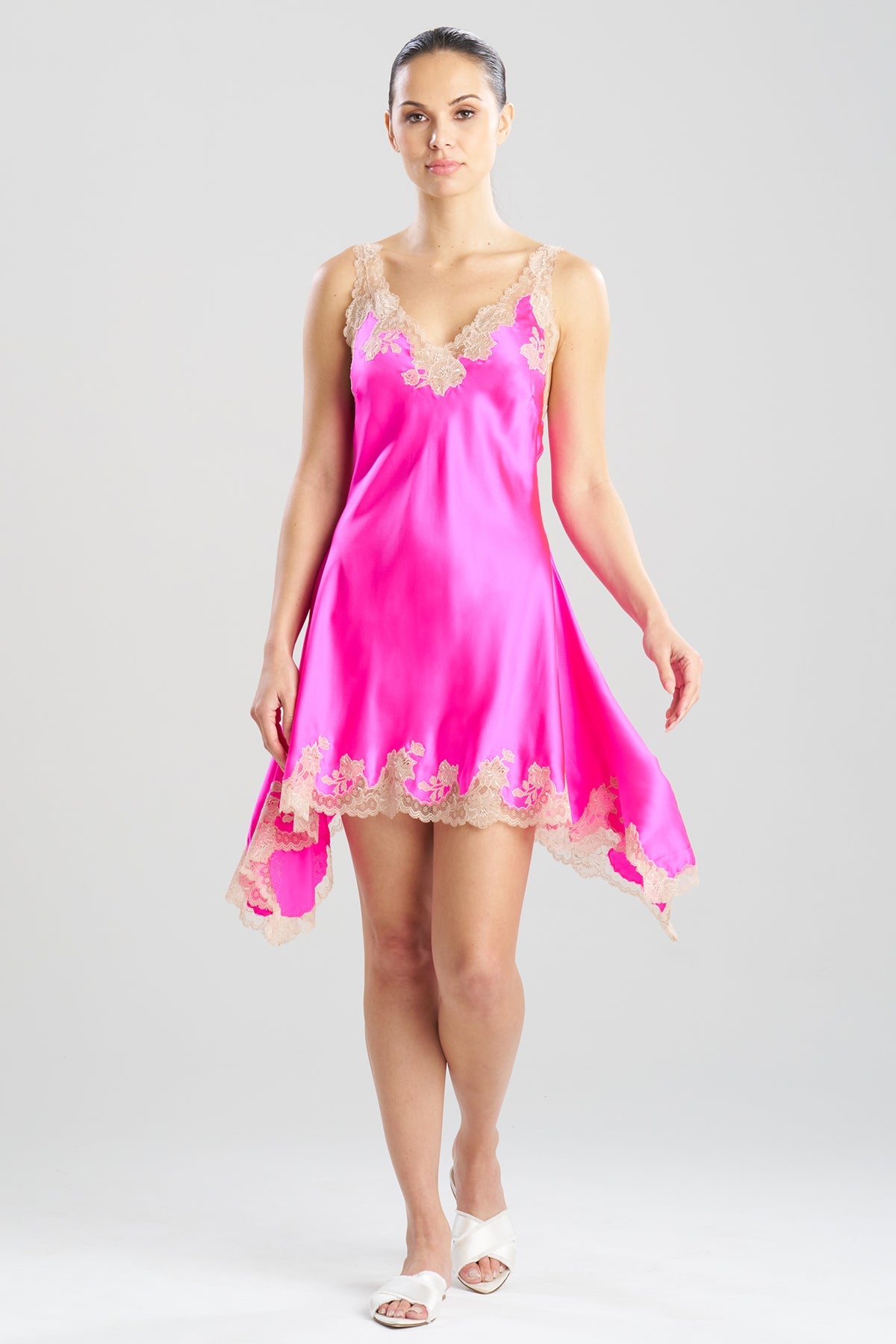 Lolita Lace V-Neck Silk Chemise Fiesta Pink/Nude