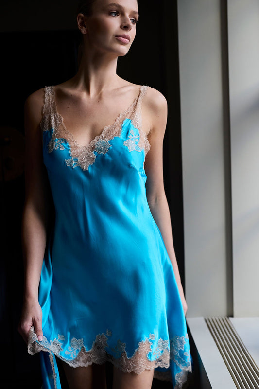 Lolita Lace V-Neck Silk Chemise Azure/Nude