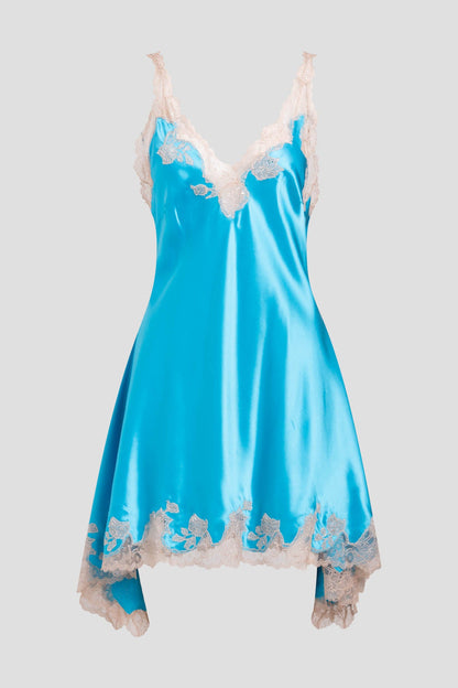 Lolita Lace V-Neck Silk Chemise Azure/Nude