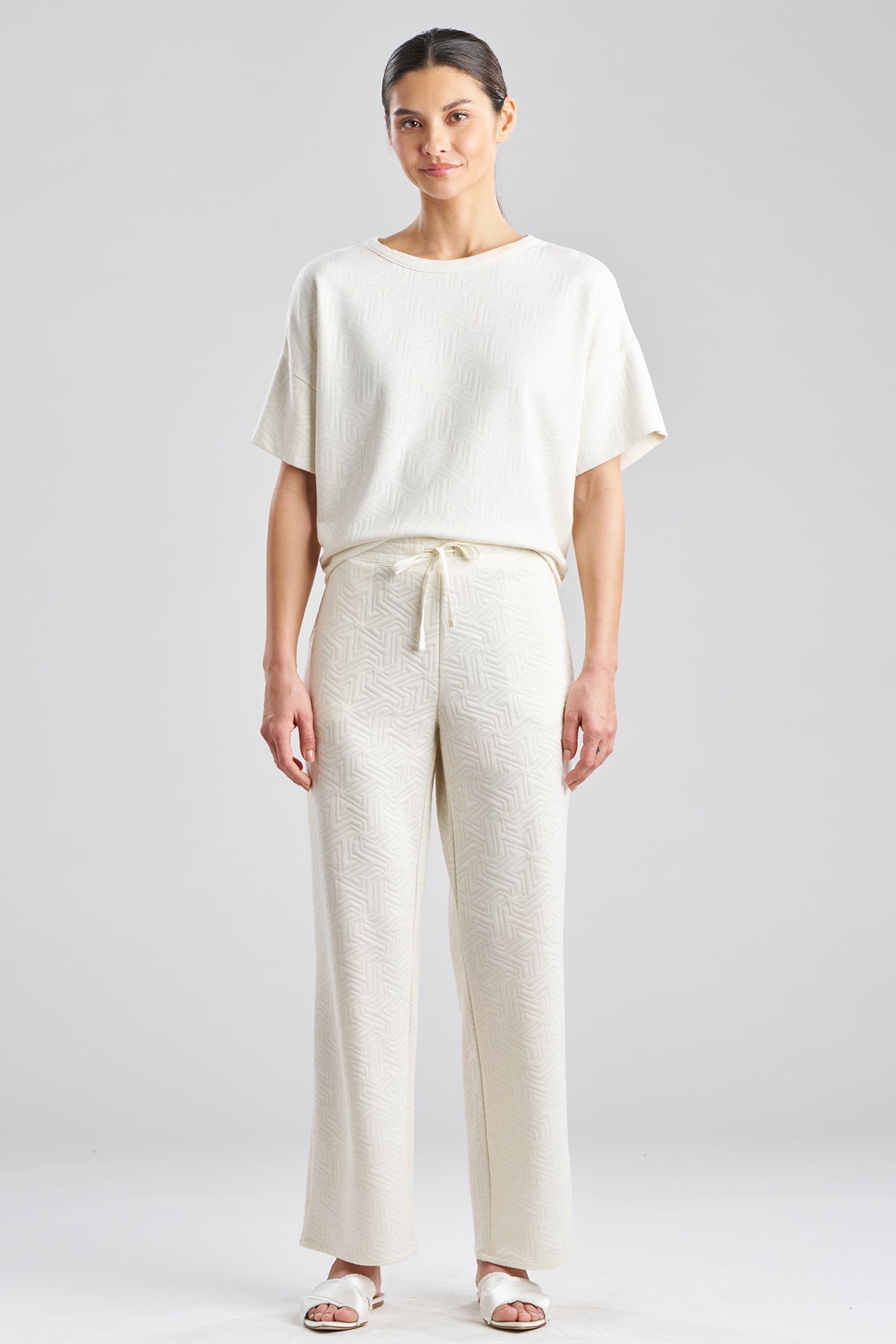 Quilted Geo Knit Jacquard Straight Leg Pants White Opal