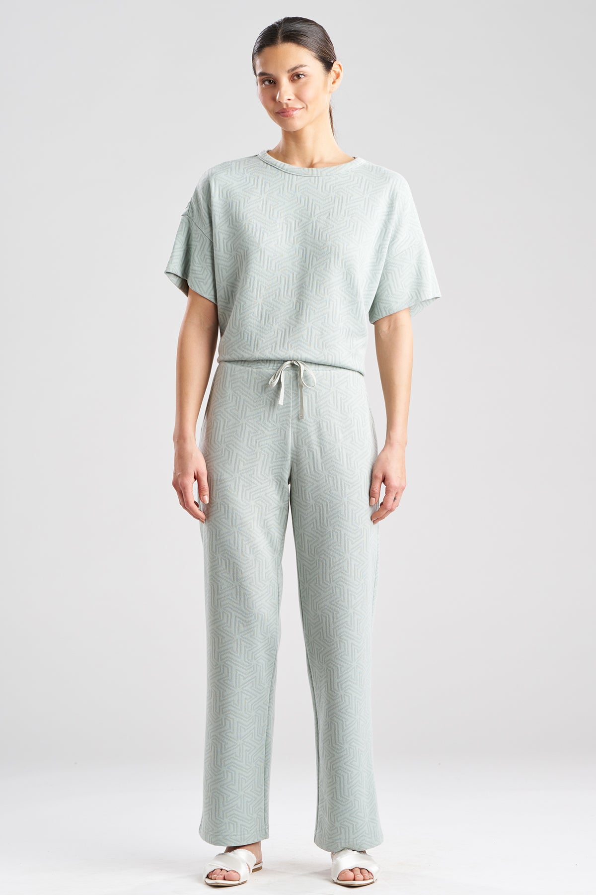 Quilted Geo Knit Jacquard Straight Leg Pants Ocean Mist