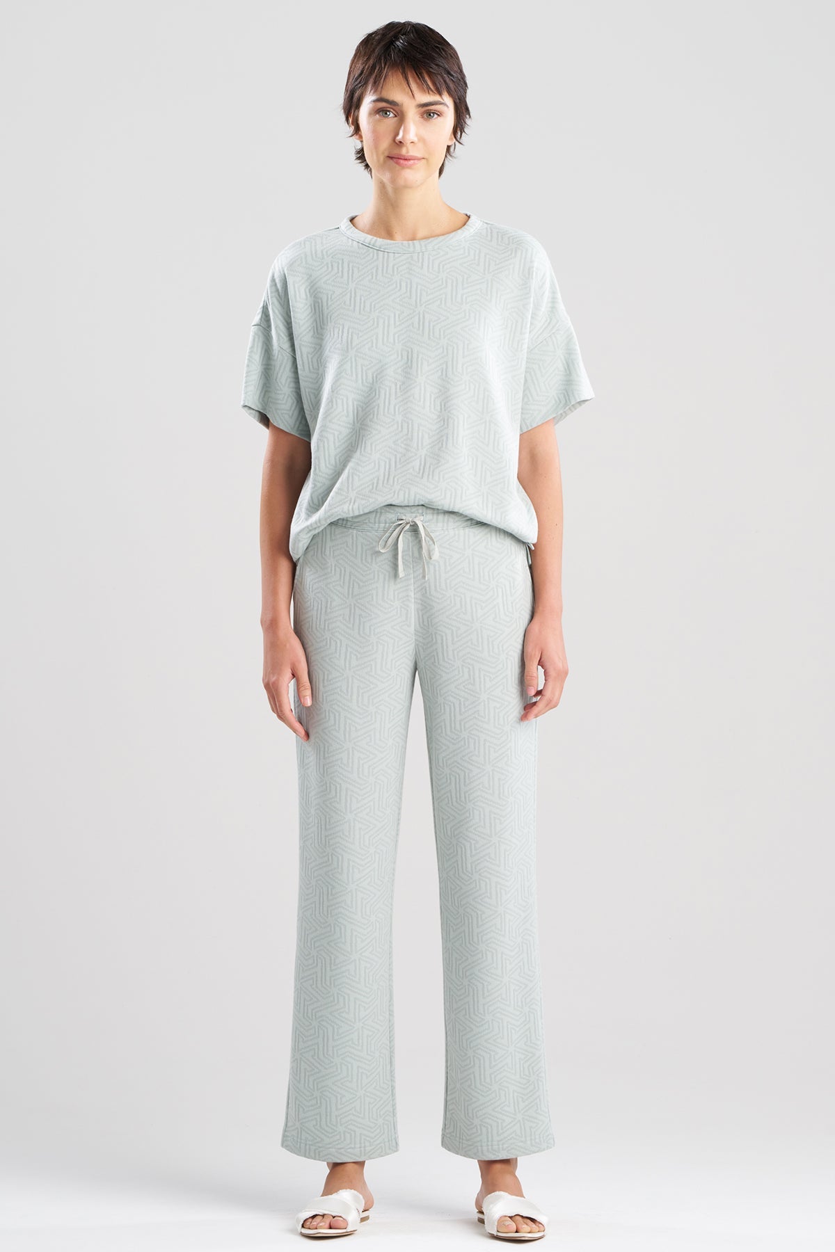 Quilted Geo Knit Jacquard Straight Leg Pants Ocean Mist